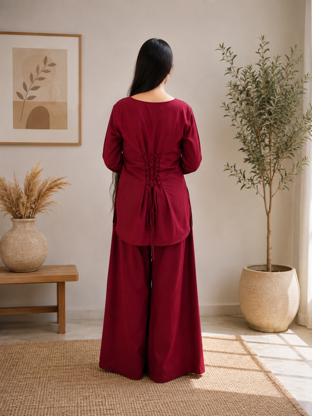 Maroon Embroidered Kurta with Wide-Leg Bottom