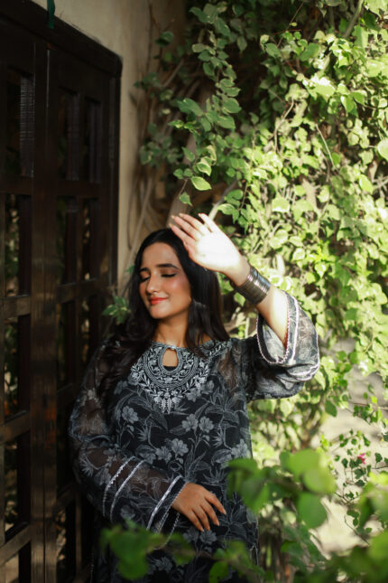 Cotton net fabric with embroided neckline