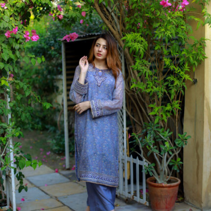 Cotton net fabric with embroided neckline with embroidered border