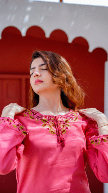 Straight Shirt with Round Neckline, Embroidered Neckline