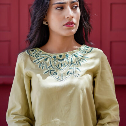 Straight Shirt with Round Neckline, Embroidered Neckline