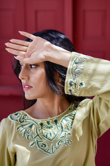 Straight Shirt with Round Neckline, Embroidered Neckline