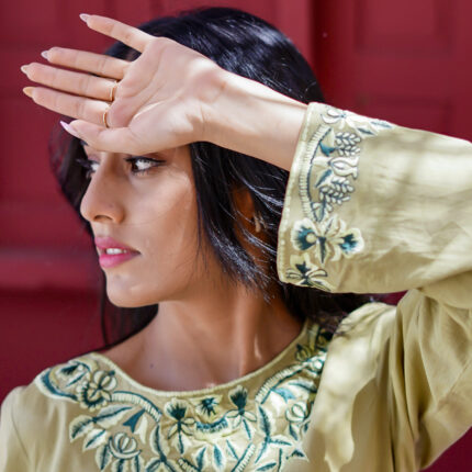 Straight Shirt with Round Neckline, Embroidered Neckline
